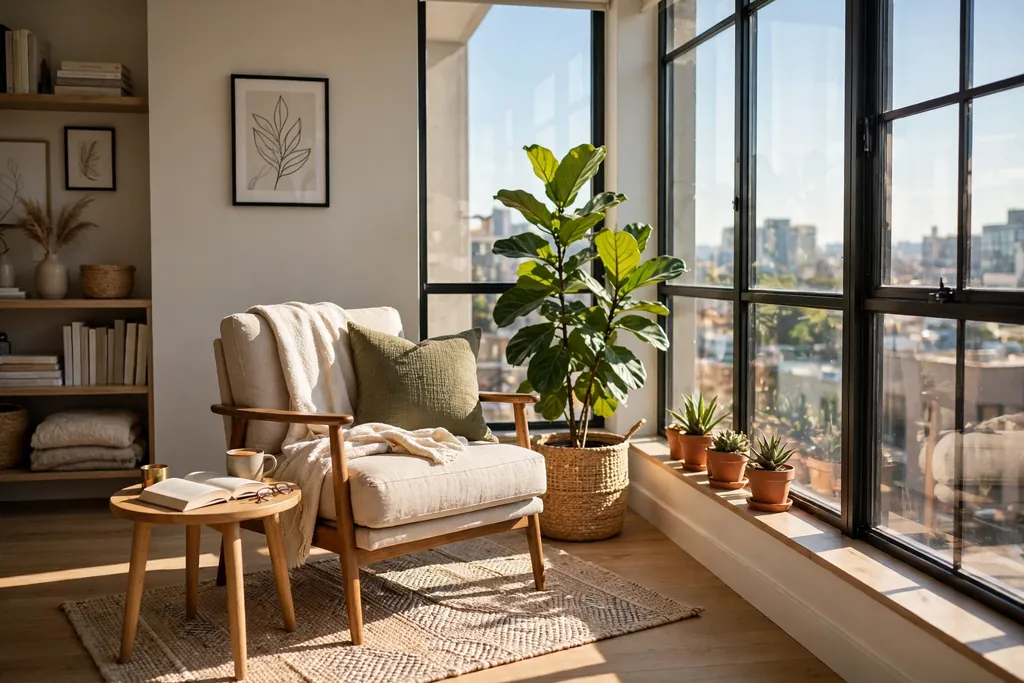 Apartment reading corner moved to the sunny side of the room with a chair and plant.