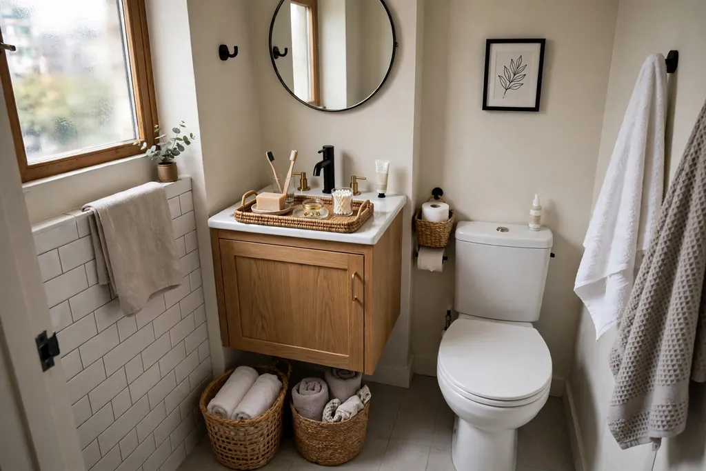 Small apartment bathroom with two labeled baskets and a shared tray by the sink.