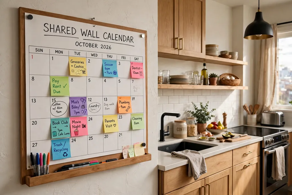 Shared wall calendar with two pen colors marking events near an apartment kitchen.