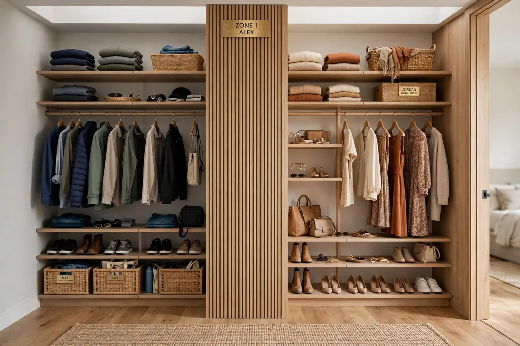 Shared closet divided into two clear zones with separate rails and shelves.