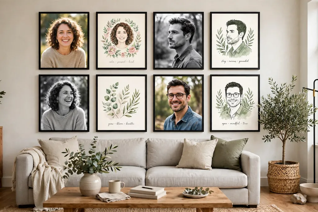 Gallery wall above a sofa mixing photos and prints from two people in matching frames.