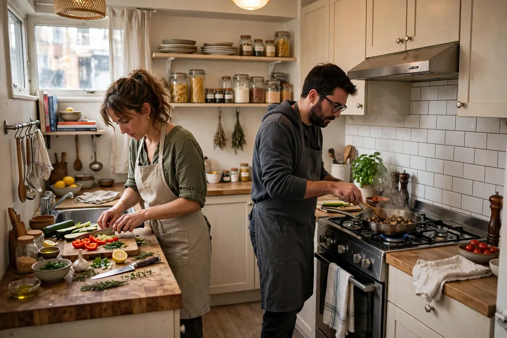 Two people cooking together in a small kitchen with separate prep and stove zones.