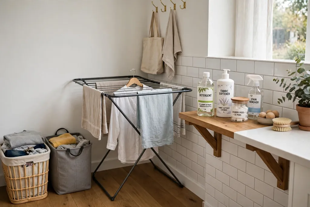 Laundry corner with two hampers, a drying rack, and a shelf for detergent.