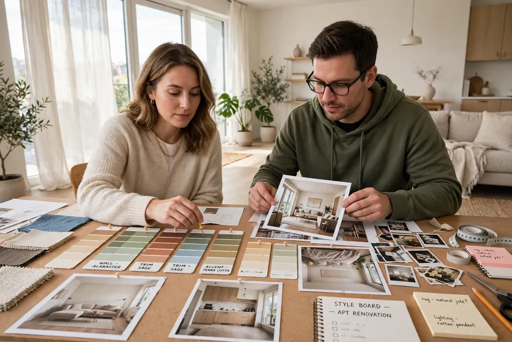 Couple arranging color swatches and room photos on a shared style board.
