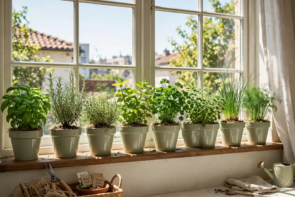 Sunny windowsill garden with herbs and potted plants in matching pots.