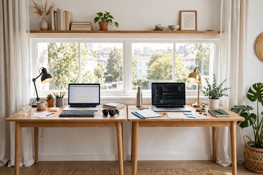 Two side-by-side desks with lamps and laptops in a bright apartment work corner.
