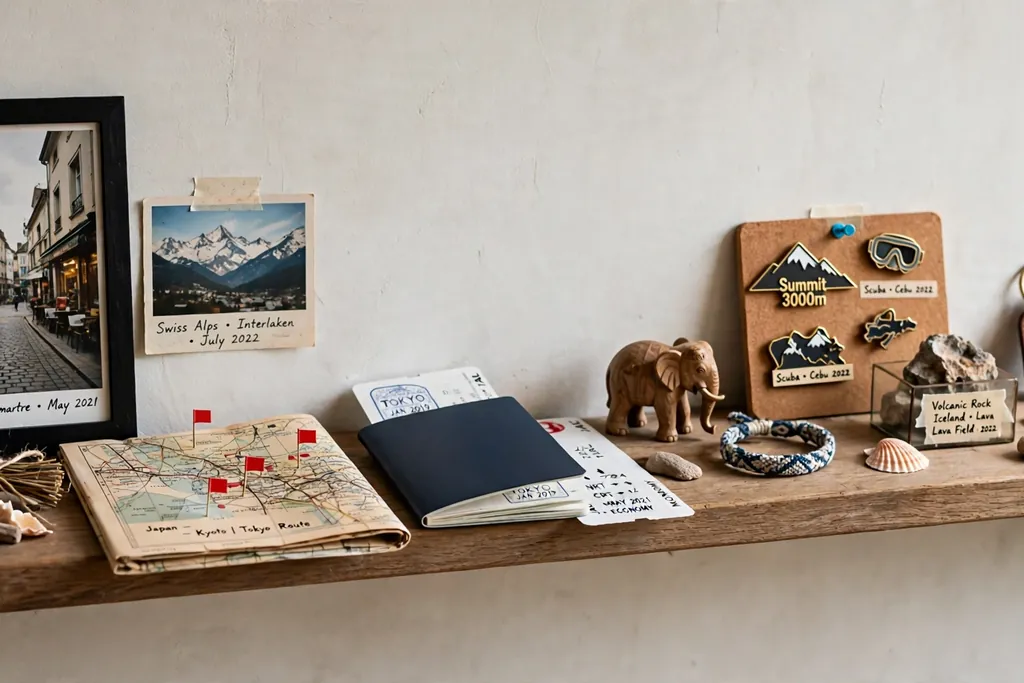 Wall shelf with travel photos, small souvenirs, and keepsakes from two people.