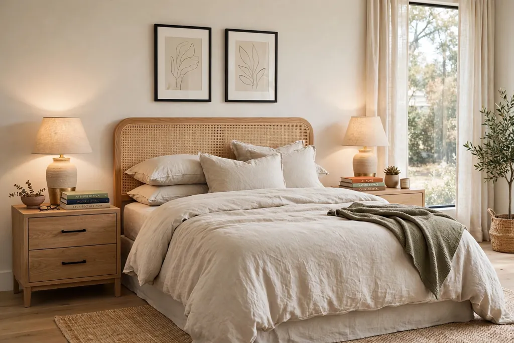 Bedroom with two matching bedside tables, lamps, and books on each side of the bed.