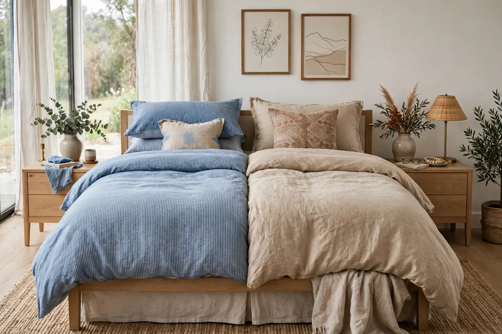 Bed made with two separate duvets and different pillows for each sleeper.