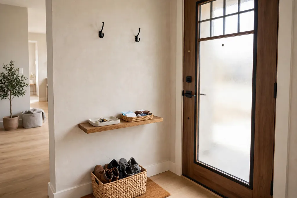 Apartment entry with two hooks, two trays, and a shoe basket by the door.