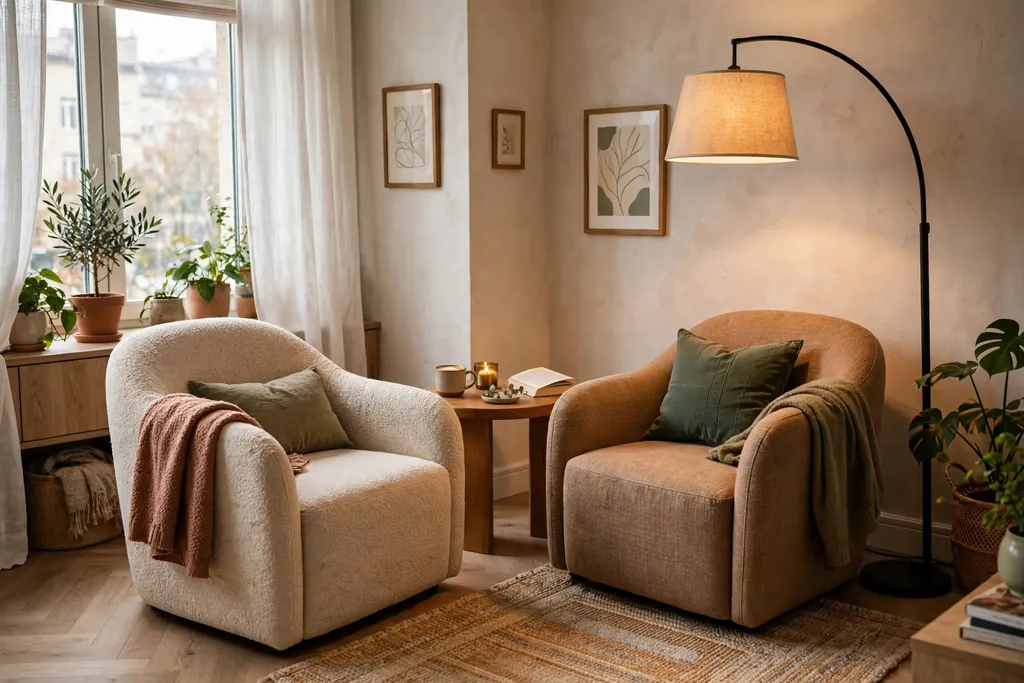 Two armchairs angled toward each other with a shared side table and floor lamp.