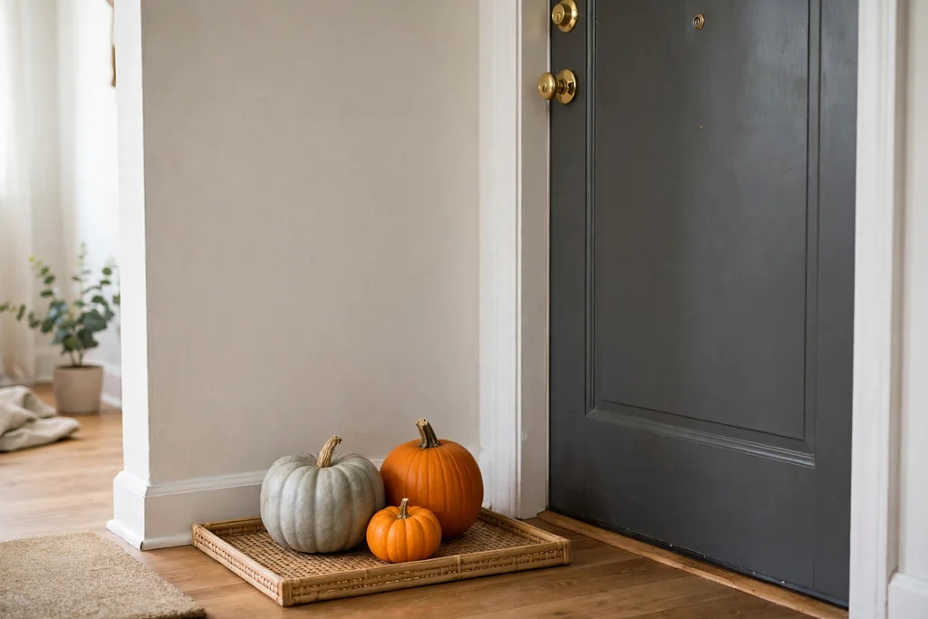 Small cluster of pumpkins in different sizes by an apartment front door on a flat tray.