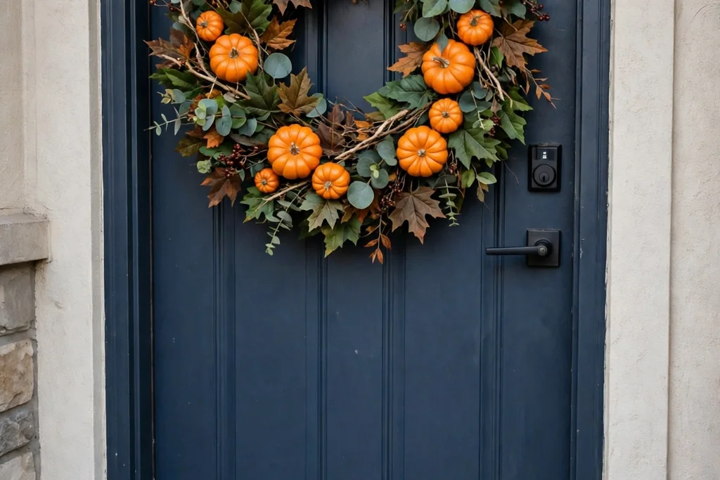 Halloween wreath of faux leaves and mini pumpkins hanging on an apartment front door.