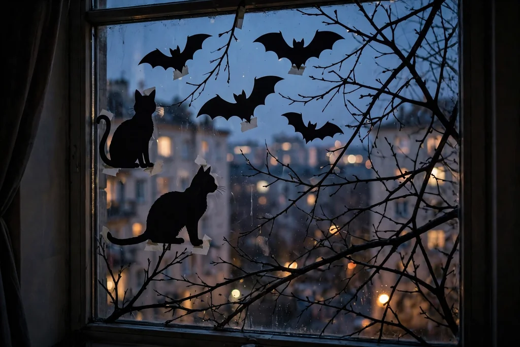Apartment window with black paper silhouettes of cats, bats, and bare branches on the glass.