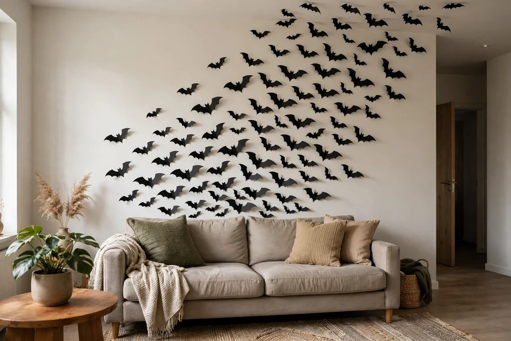 Living room wall with a rising swarm of black paper bats above a sofa.
