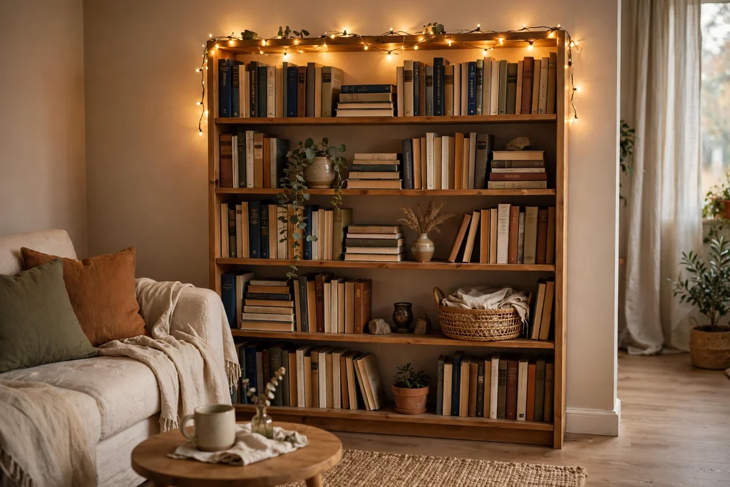 Bookshelf in a small living room with warm string lights along the top shelf edge.