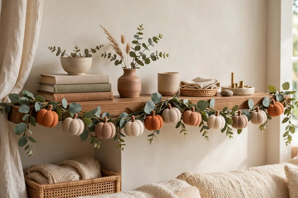 Living room shelf with a faux leaf and felt pumpkin garland along the front edge.