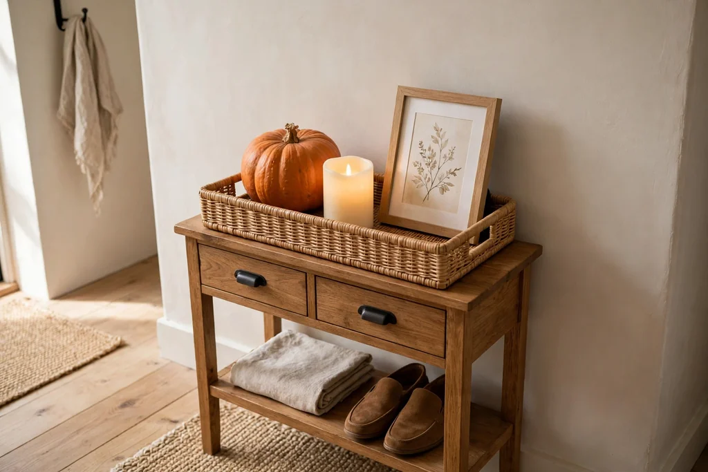 Small entry console with a tray holding a pumpkin, a flameless candle, and a framed print.