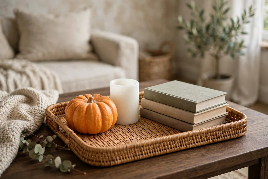 Coffee table tray with a small pumpkin, a flameless candle, and a stack of books.