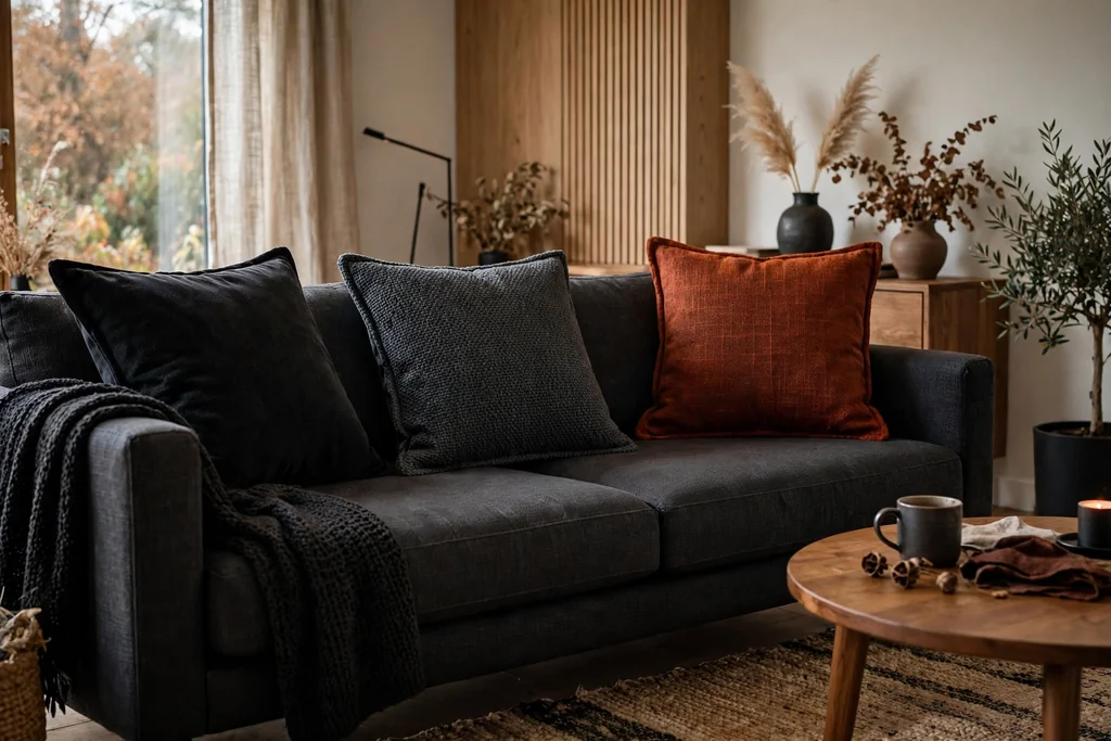 Sofa with dark seasonal cushion covers in black, charcoal, and deep rust.
