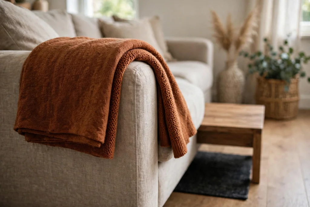 Living room sofa arm with a folded rust throw and a small dark rug under a coffee table.