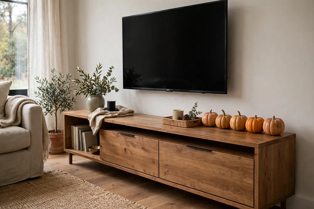 TV console with a row of small pumpkins at one end beside a small tray.