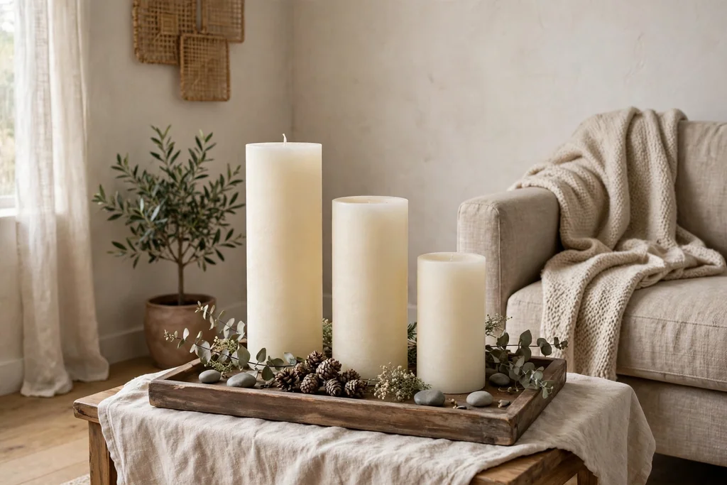 Living room corner with flameless candles in different heights on a tray.