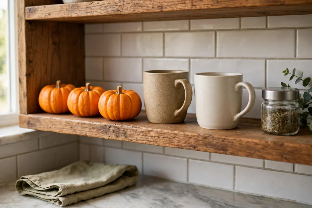 Kitchen shelf with three mini pumpkins beside mugs and a small jar.
