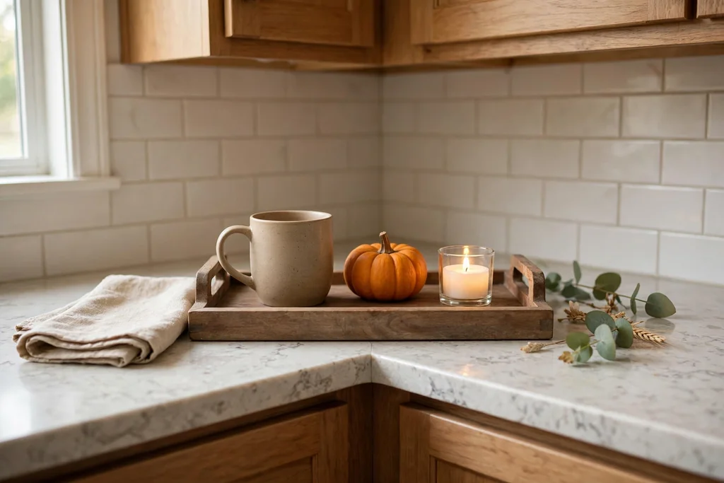 Kitchen counter corner with a tray holding a mug, a small pumpkin, and a flameless tea light.