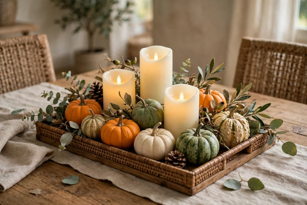 Dining table centerpiece with small gourds, pumpkins, and flameless candles on a tray.