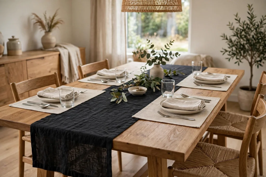 Dining table with a dark table runner and plain placemats at each place.