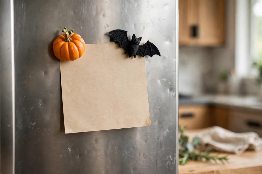 Fridge front with small pumpkin and bat magnets holding a recipe card.