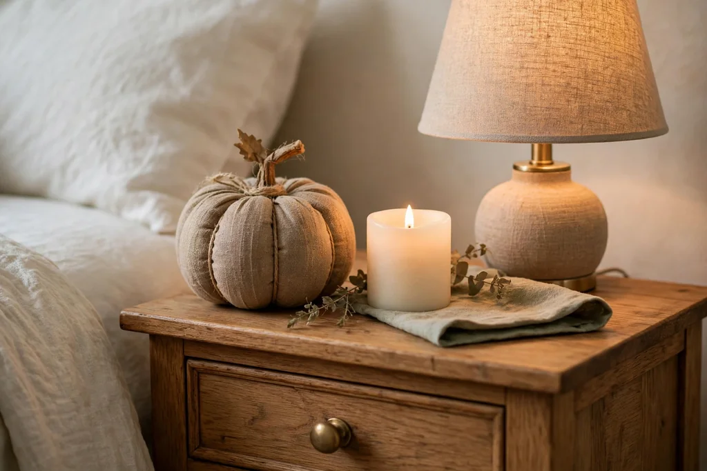 Bedside table with a small fabric pumpkin and a flameless candle beside a lamp.