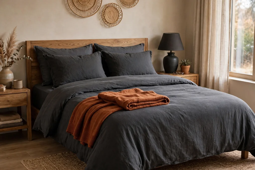 Bedroom bed with dark cozy bedding in charcoal and rust and a folded throw.