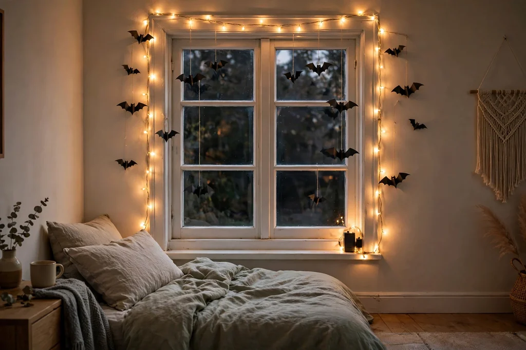 Bedroom window with warm battery lights along the frame and small paper bats.