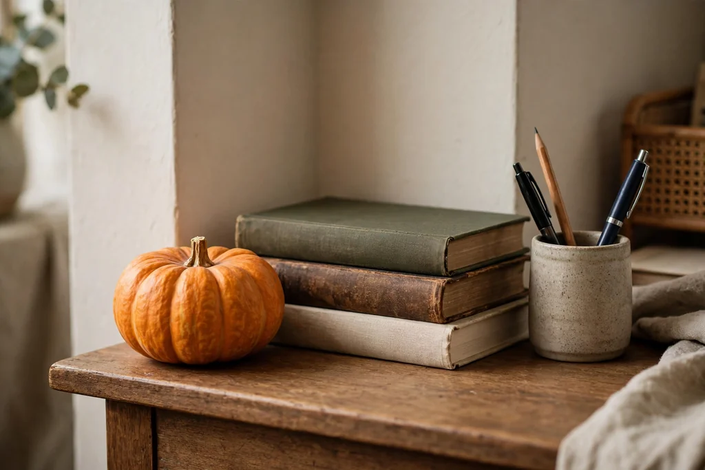 Desk corner with one small pumpkin beside a stack of books and a pen pot.