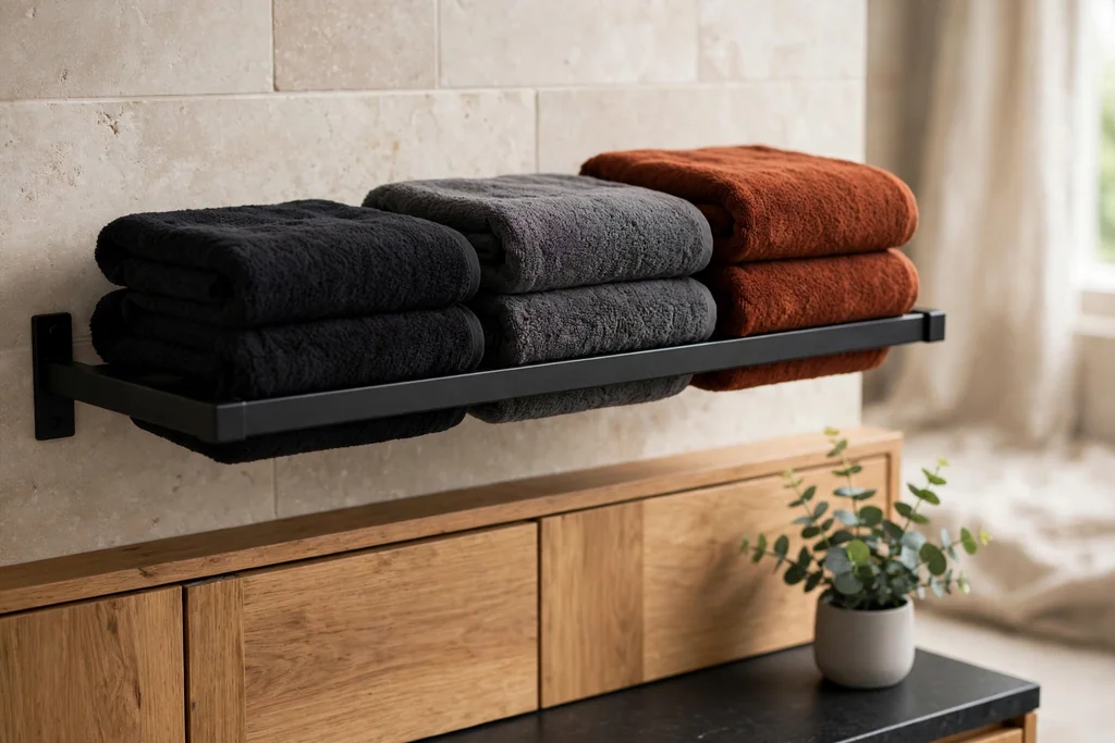 Bathroom rail with folded towels in black, charcoal, and deep rust.