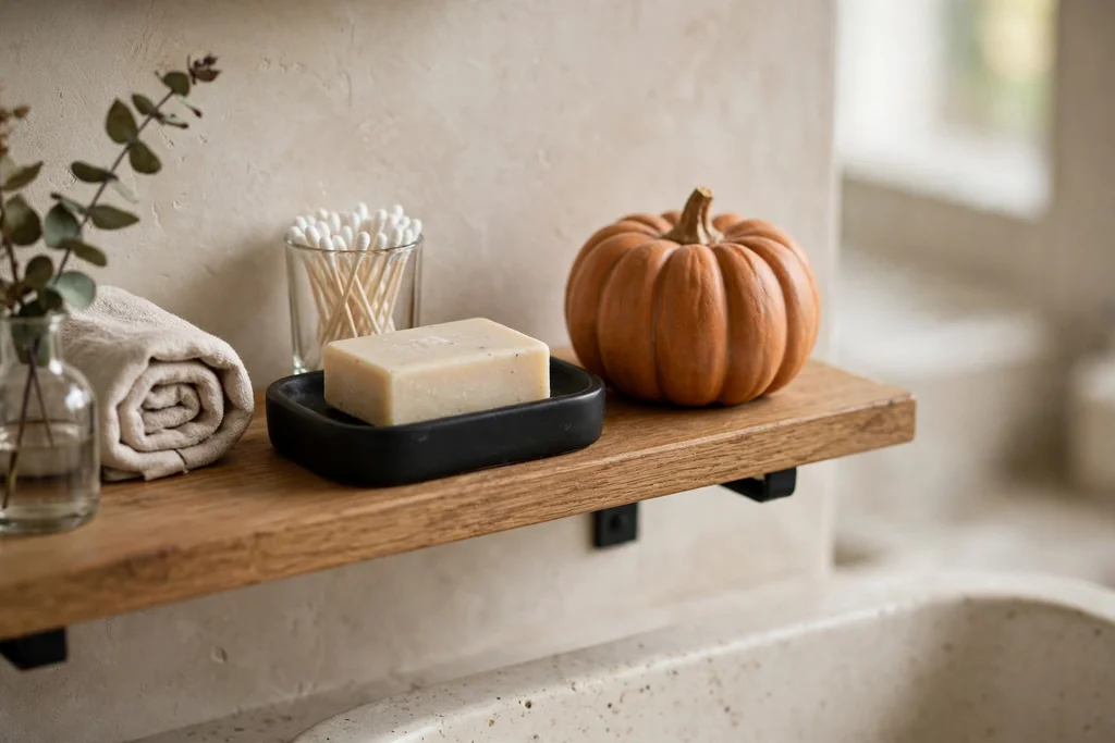 Bathroom shelf with a small ceramic pumpkin beside a black soap dish.