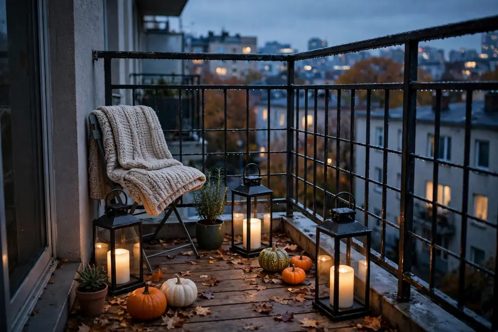 Small apartment balcony with flameless lanterns and small pumpkins on the floor.