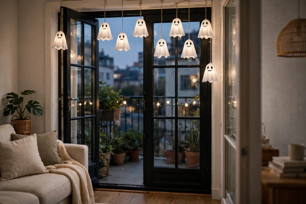 Balcony door with small white ghost lanterns hanging from the door frame.