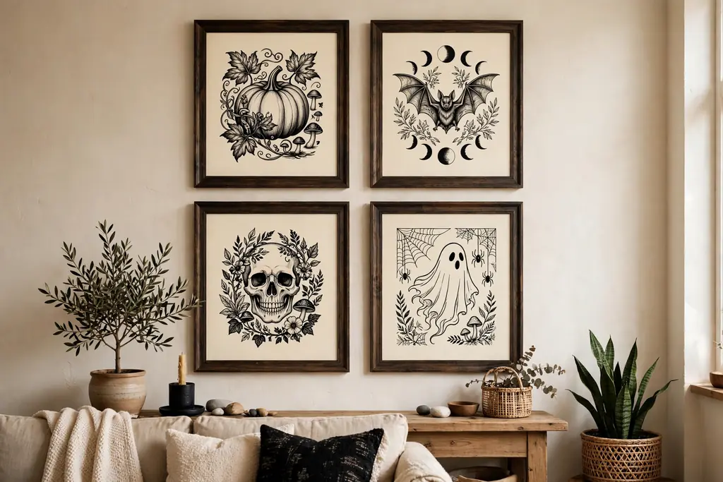 Living room wall with framed Halloween art in black and cream in existing frames.