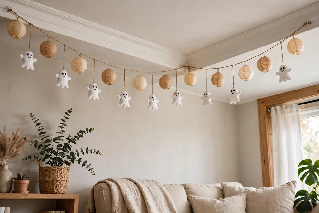 Living room ceiling edge with a garland of small paper lanterns and ghosts.