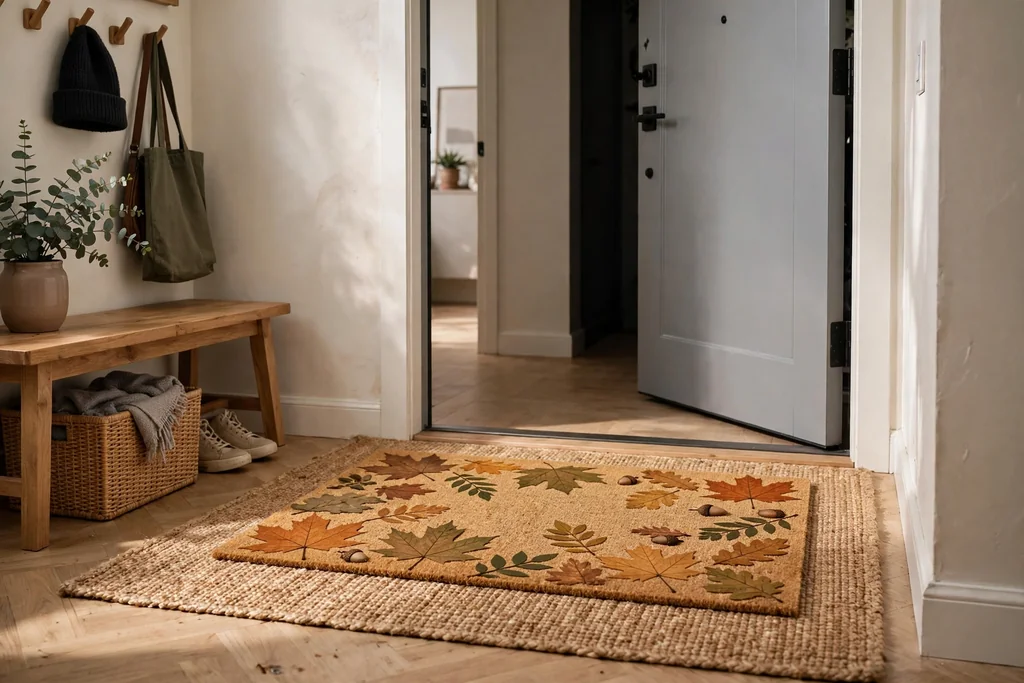 Apartment entry with a seasonal doormat layered over a larger plain mat.