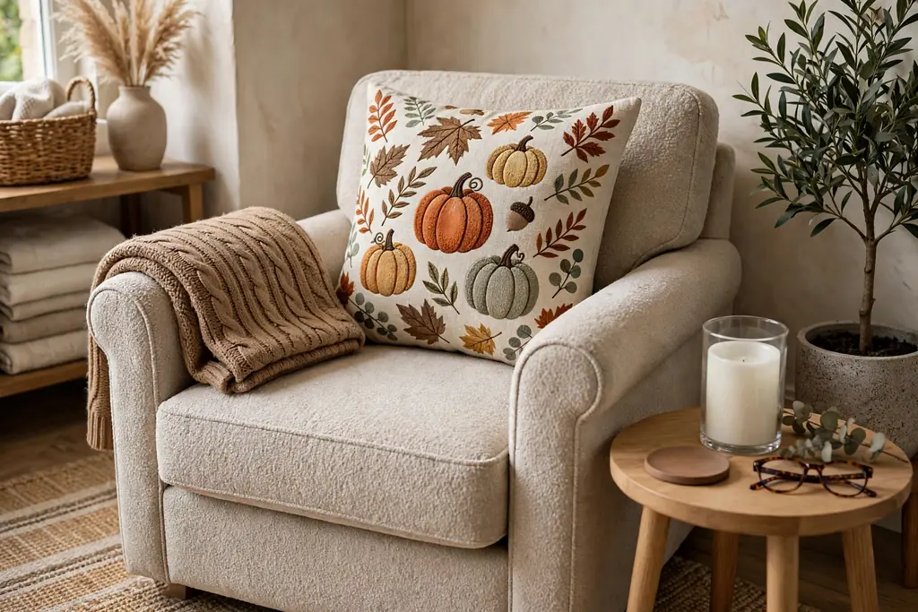 Cozy reading chair corner with a seasonal cushion, a folded throw, and a flameless candle.