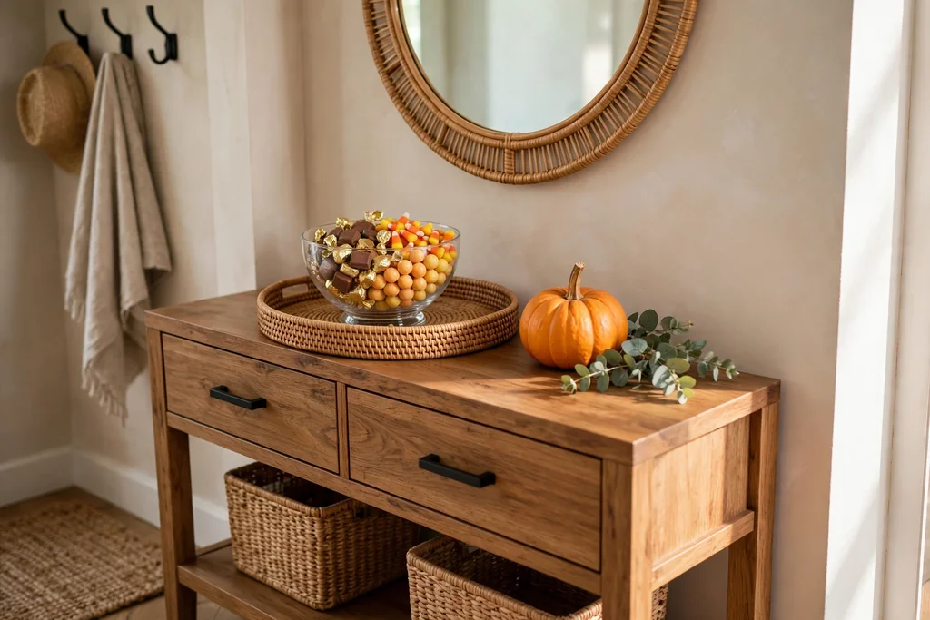 Entry console with a candy bowl on a tray beside a small pumpkin for guests.
