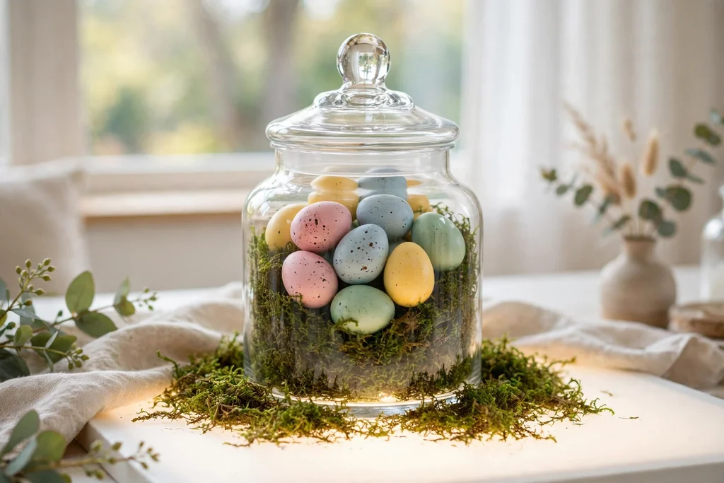 Glass apothecary jar filled with pastel eggs nested on green moss.