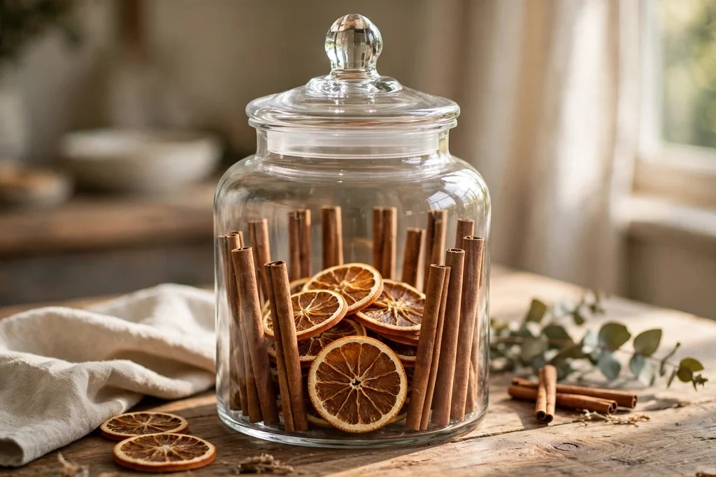 Glass apothecary jar with cinnamon sticks around the inside wall and dried orange slices in the center.