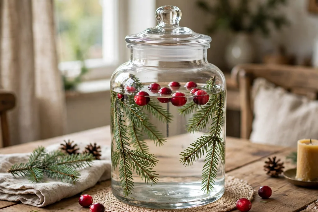Glass apothecary jar filled with water, floating cranberries, and fir sprigs down the sides.