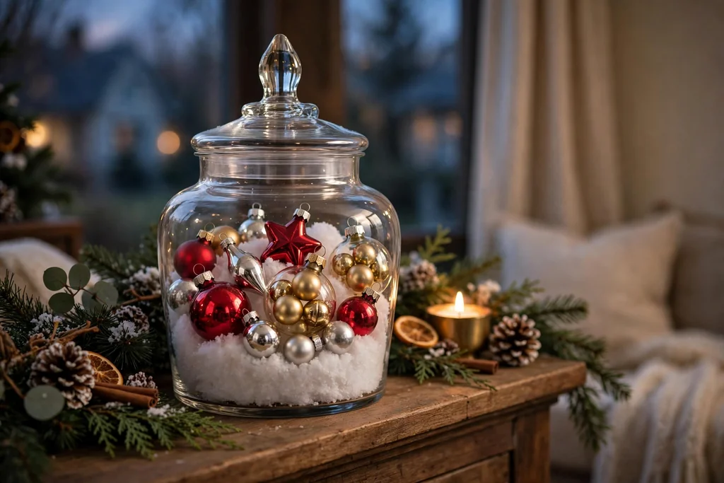 Glass apothecary jar with small glass ornaments nested on faux snow.