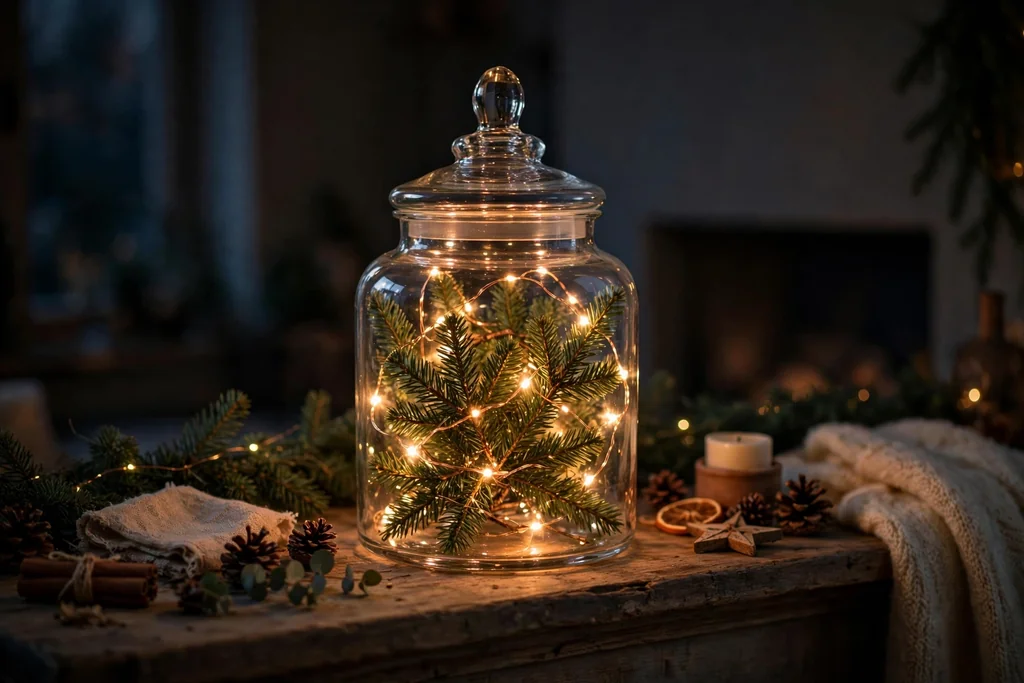 Glass apothecary jar glowing with battery fairy lights woven through short fir branches.